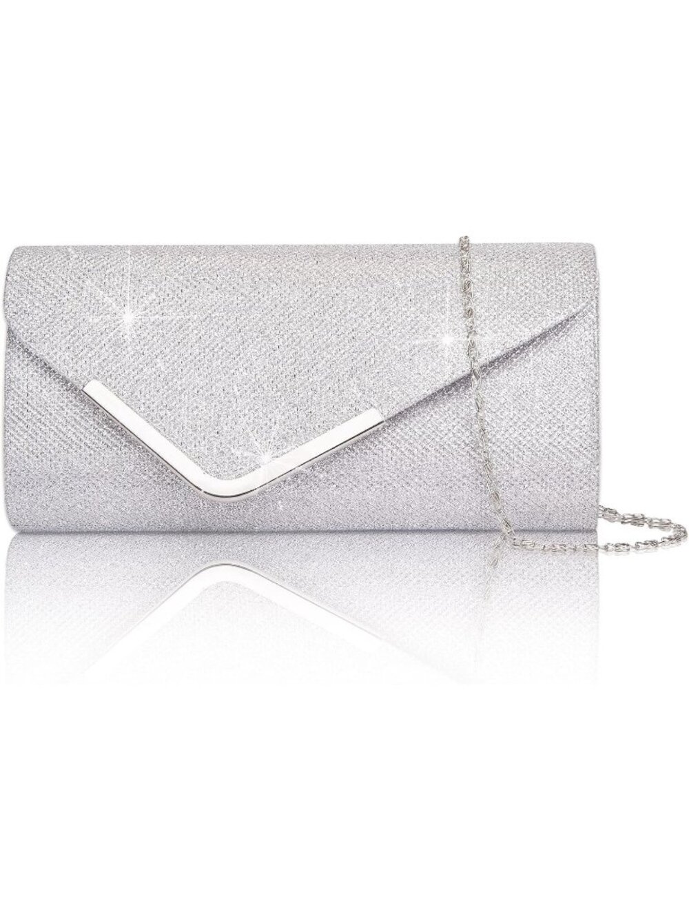 Women's Silver Lace Floral Mesh Envelope Chain Crossbody Prom Evening Bag Clutch